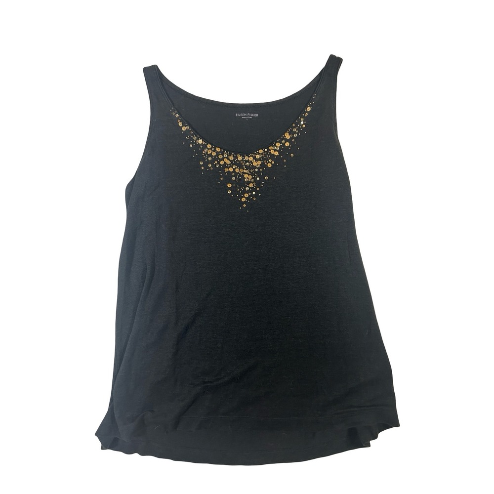 Eileen Fisher Black‎ 100% Linen Sequin Embellished Tank Top Womens Large L